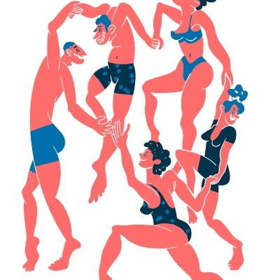 Ilustração de cinco pessoas em roupa de banho azul sobre fundo branco