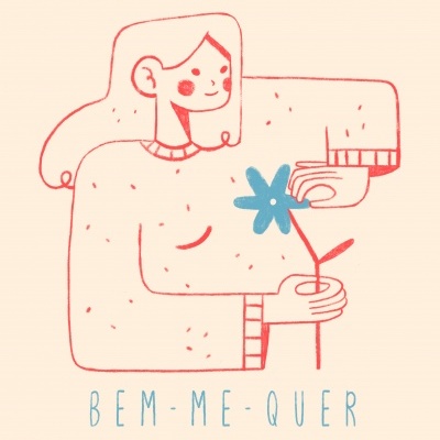 Ilustração de figura coral segurando flor azul com texto 'BEM-ME-QUER'