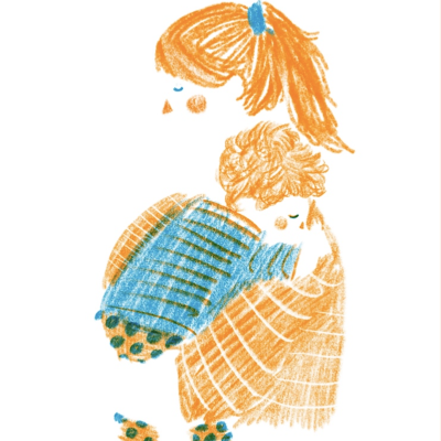 Ilustração a lápis de mulher a segurar criança, com cores azul e laranja.