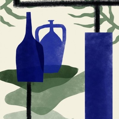 Formas abstratas azuis de vasos e garrafas com fundo claro e padrão verde e preto