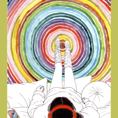 Pessoa deitada com meias brancas e auscultadores vermelhos sobre círculos coloridos aquarelados