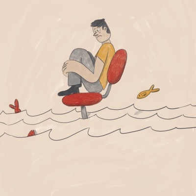 Desenho de uma pessoa sentada numa cadeira vermelha sobre água com ondas e um peixe amarelo próximo.