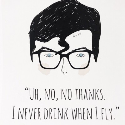 Desenho minimalista com rosto de personagem de cabelo preto, óculos pretos, olhos azuis e texto com citação de Superman.