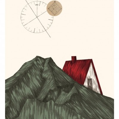 Ilustração de montanha verde e casa branca com telhado vermelho junto a um compasso