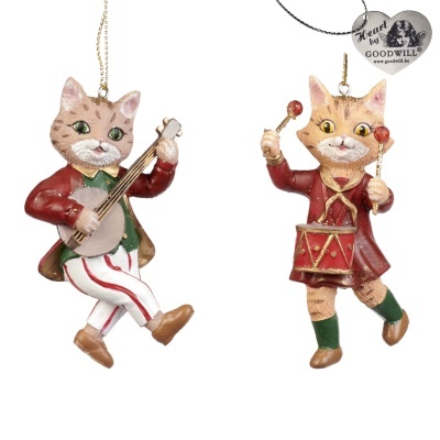 Ornamentos natalícios de gatos músicos com instrumentos e roupas coloridas.