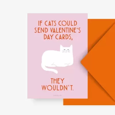 Cartão cor-de-rosa com ilustração de gato branco e texto em inglês e envelope laranja aberto