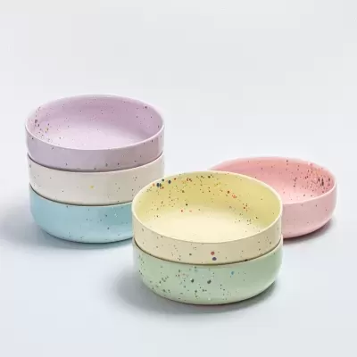 Conjunto de seis tigelas coloridas em tons pastel com pontilhados coloridos