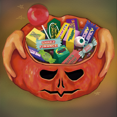 Abóbora de Halloween com rosto esculpido cheia de doces coloridos e duas mãos segurando