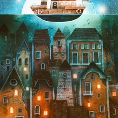 Ilustração de barco flutuando sobre cidade à noite com lua e estrelas