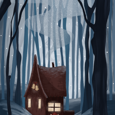 Casa de madeira numa floresta escura e criança com presentes