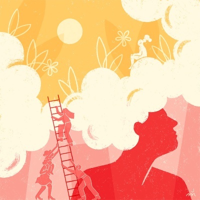 Ilustração estilizada de silhuetas vermelhas com nuvens brancas e fundo amarelo com flores