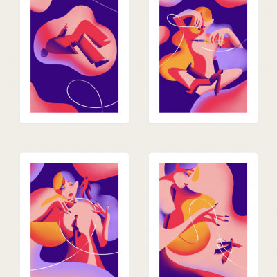 Conjunto de quatro ilustrações digitais coloridas com figuras humanas estilizadas e formas abstratas