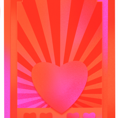 Imagem digital com coração rosa em fundo vermelho e texto LOVE IS EVERYWHERE