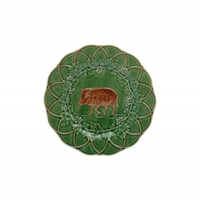 Prato decorativo verde em cerâmica com javali em relevo no centro