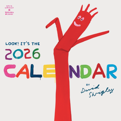 Capa de calendário 2026 colorida com figura vermelha tipo boneco e texto promocional