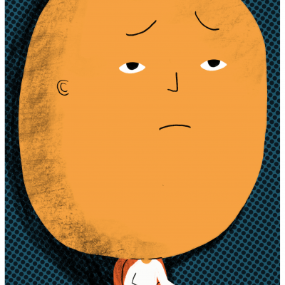 Desenho de pessoa com cabeça grande e expressão triste sentada numa poltrona vermelha