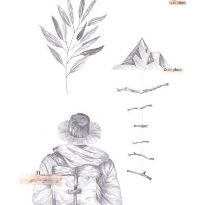 Desenho a lápis de uma pessoa com chapéu e mochila, ramo de folhas, cadeia de galhos, montanha e textos em recortes de papel.