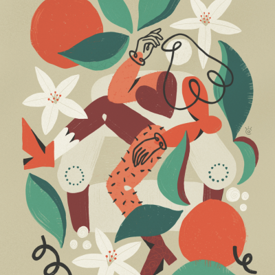 Ilustração abstrata com figuras humanas, folhas, flores e frutas em tons de vermelho, laranja e verde.