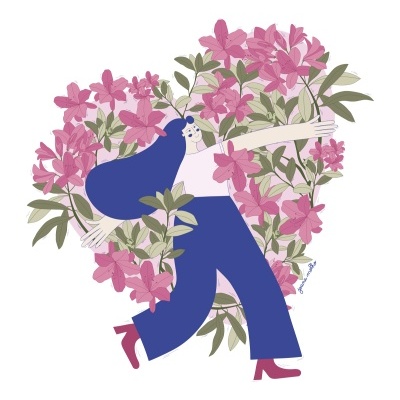 Desenho de mulher com cabelo azul e roupa azul abraçando flores cor-de-rosa