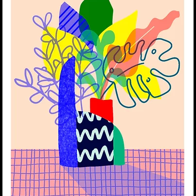 Ilustração colorida abstrata de vaso com folhas diferentes e padrão ondulado