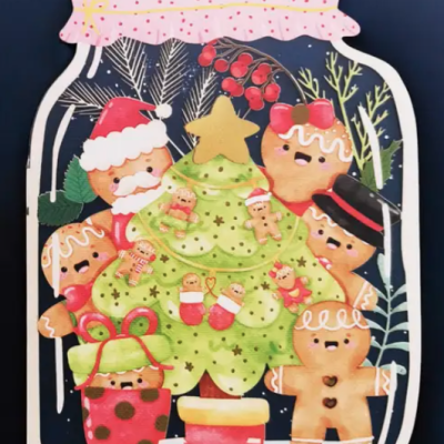Ilustração de frasco de vidro com biscoitos de gengibre e árvore de Natal decorada
