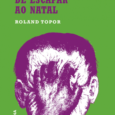 Capa de livro com título 12 MANEIRAS DE ESCAPAR AO NATAL, autor Roland Topor, tradução João Berhan, fundo verde e ilustração roxa.