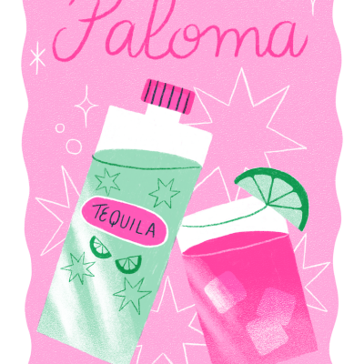 Garrafas e copo coloridos em fundo rosa com texto Paloma