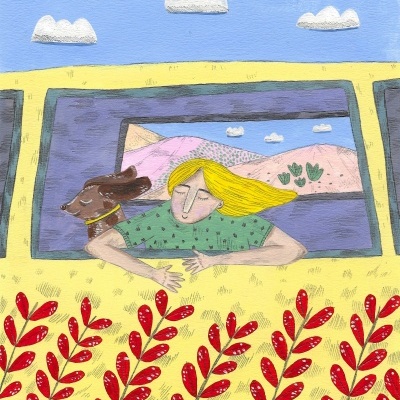 Ilustração de pessoa e cão a olhar pela janela de um carro amarelo com paisagem ao fundo