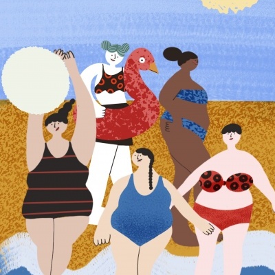 Ilustração de cinco mulheres em fatos de banho na praia com sol e mar ao fundo