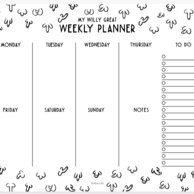 Planner semanal com desenhos simples de pênis em preto ao redor