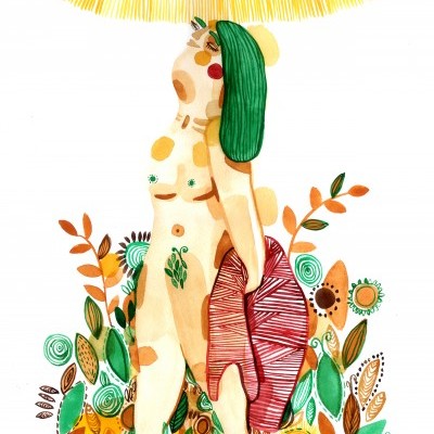Ilustração artística de figura humana com tecido vermelho e flores coloridas