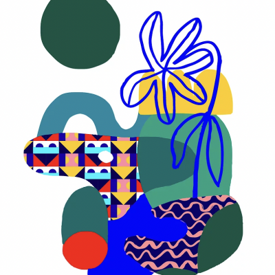 Ilustração abstrata colorida com formas geométricas e desenho de folha