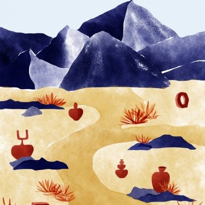 Ilustração abstrata de paisagem com montanhas, caminho amarelo, vasos e plantas vermelhas