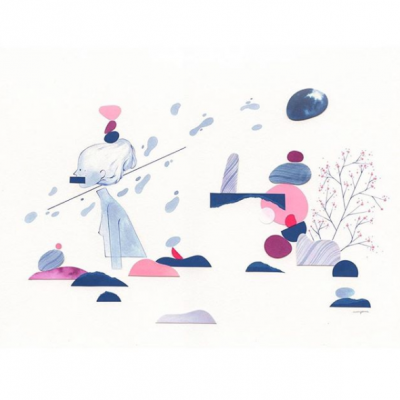 Ilustração abstrata com figuras geométricas coloridas e uma árvore estilizada.