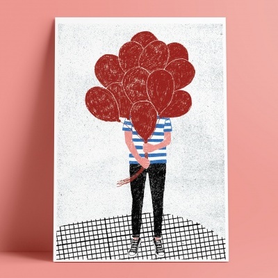 Ilustração de pessoa com balões vermelhos escondendo a cabeça