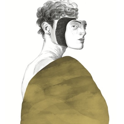 Ilustração de homem com máscara facial e drapeado dourado