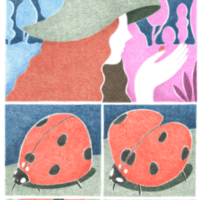 Ilustração de pessoa com chapéu e joaninha em diferentes quadros coloridos.