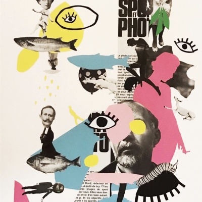 Colagem artística colorida com rostos, peixes, aves e olhos desenhados sobre fundo branco