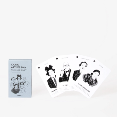 Cartas de jogo Iconic Artists 20th com ilustrações em preto e branco e caixa cinza