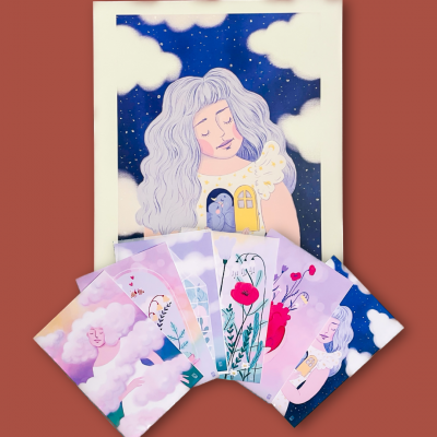 Sete ilustrações coloridas com mulher, nuvens, flores e fundo azul estrelado