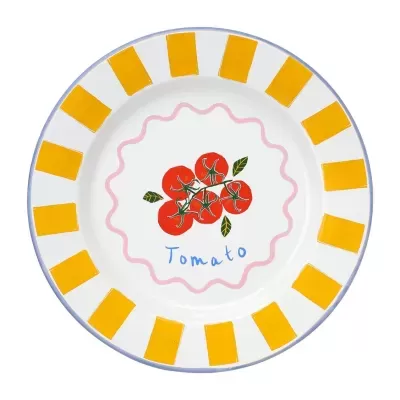 Prato branco decorado com retângulos amarelos na borda e ilustração de tomates no centro