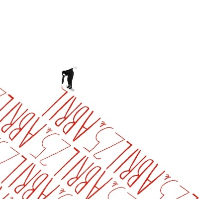 Figura humana inclinada sobre texto vermelho repetido 'ABRIL 25' em fundo branco