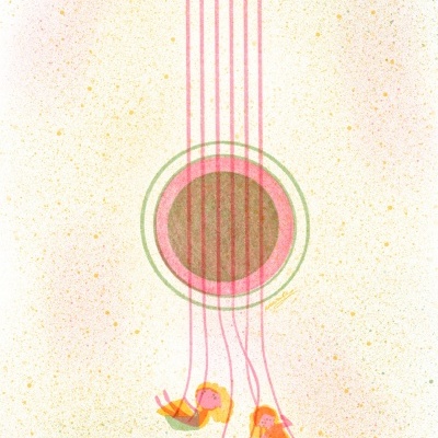 Ilustração artística de violão com três bonecos pendurados nas cordas