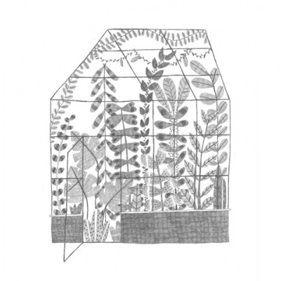 Desenho a preto e branco de uma estufa com plantas e porta aberta