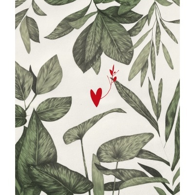 Papel de parede com padrão botânico de folhas verdes e detalhe vermelho em fundo branco