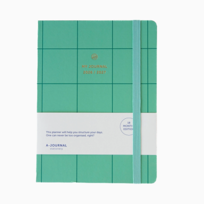 Planner verde água com padrão de linhas pretas e faixa branca com texto