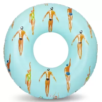 Bóia insuflável redonda azul clara com padrão de nadadores coloridos