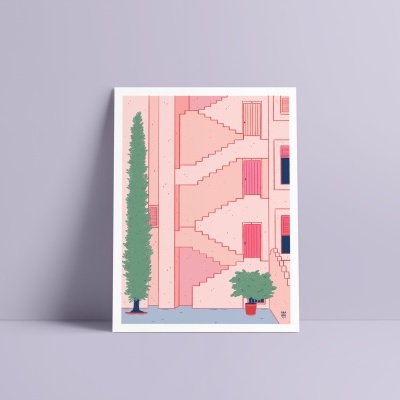 Póster ilustrativo de escadas cor-de-rosa com plantas verdes