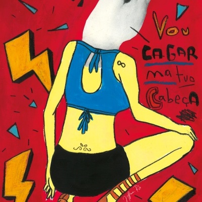 Ilustração de figura com corpo amarelo e cabeça de gaivota num fundo vermelho com relâmpagos e texto