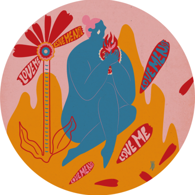 Ilustração colorida com figura azul, chama vermelha e textos LOVE ME